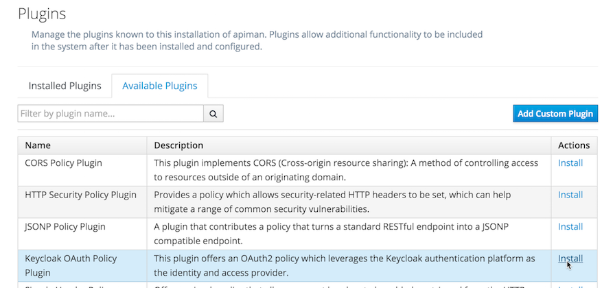 Select Keycloak OAuth Policy Plugin from the available plugins list