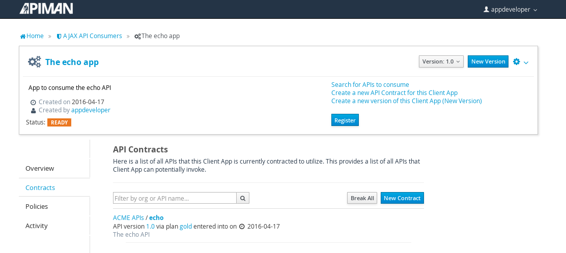 API Contracts page on the client app