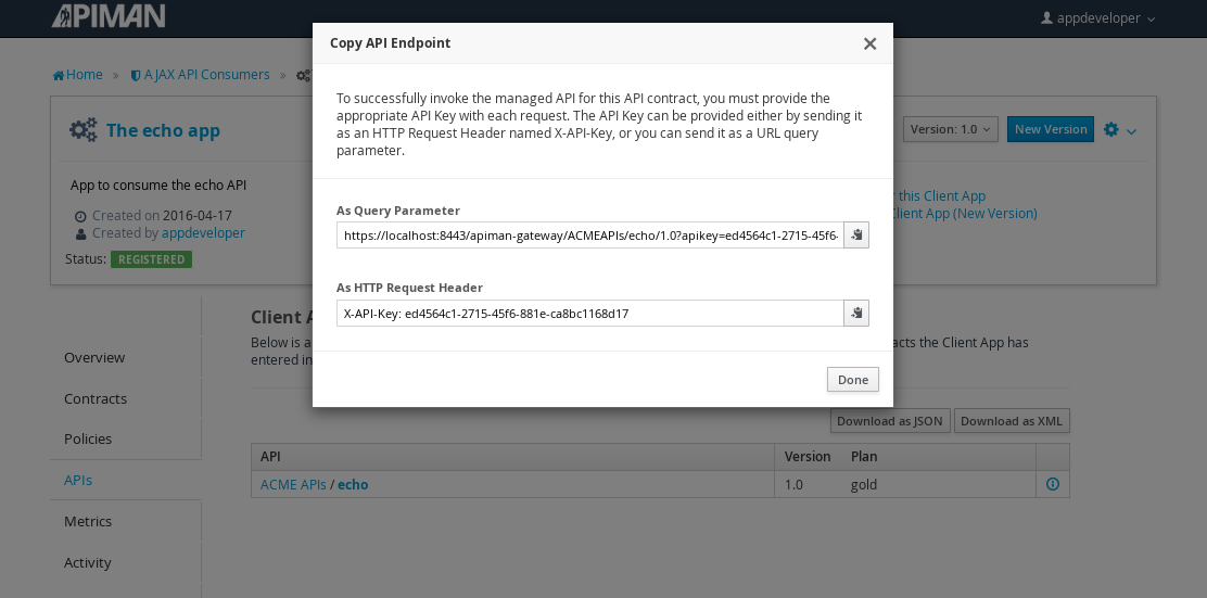 Copy API endpoint info
