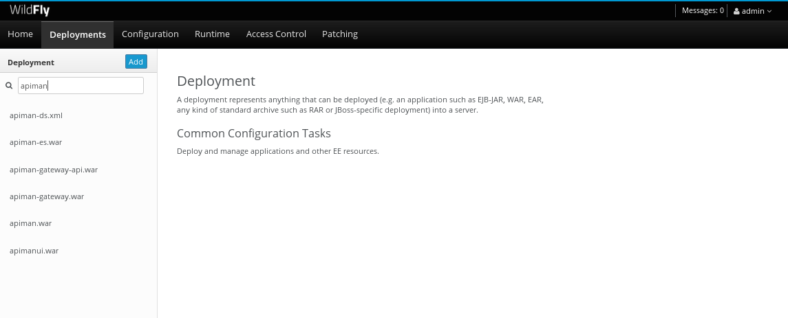 WildFly deployments tab