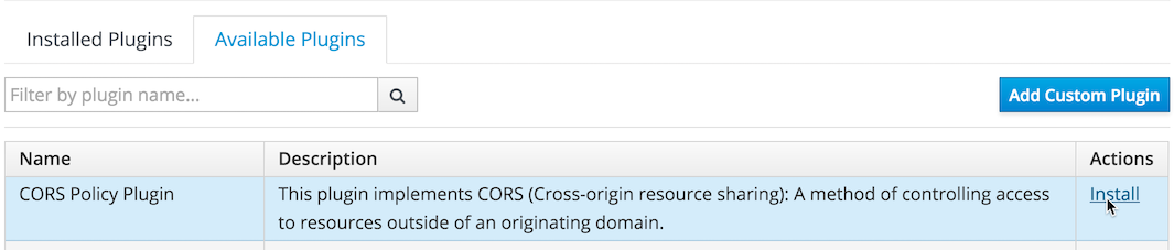 Select CORS plugin from the available plugins list